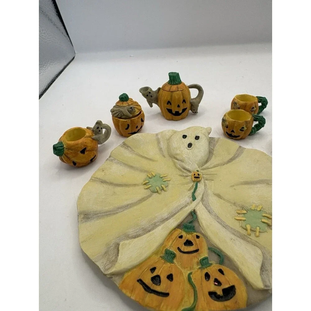 Vintage MINIATURE Decorative Halloween Jack O Lantern JOL & Ghost Tea Set